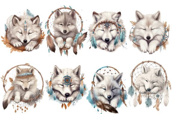 Dreaming Wolf PNG Bundle, Cute Boho Wolves Clipart