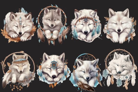 Dreaming Wolf PNG Bundle, Cute Boho Wolves Clipart