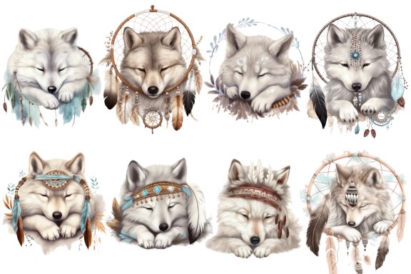 Dreaming Wolf PNG Bundle, Cute Boho Wolves Clipart
