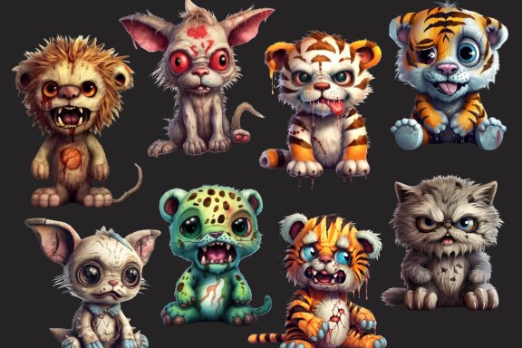 Plush Zombie Wild Cat PNG Bundle, Funny Horror Clipart