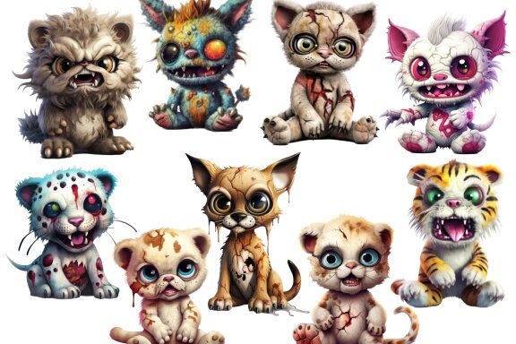 Plush Zombie Wild Cat PNG Bundle, Funny Horror Clipart