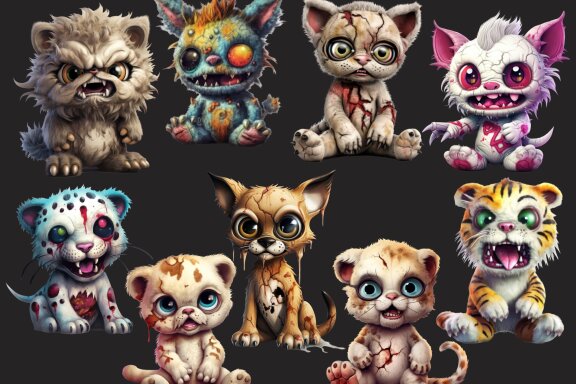 Plush Zombie Wild Cat PNG Bundle, Funny Horror Clipart