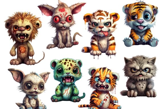 Plush Zombie Wild Cat PNG Bundle, Funny Horror Clipart