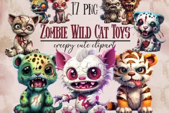 Plush Zombie Wild Cat PNG Bundle, Funny Horror Clipart