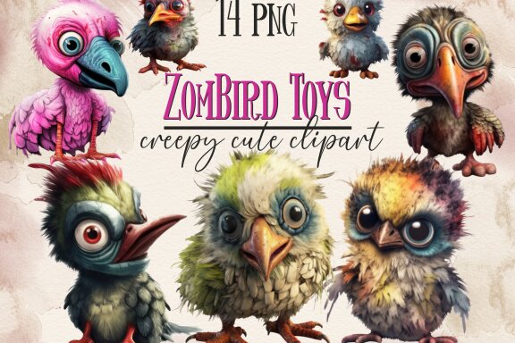 Plush Zombie Bird PNG Bundle, Funny Horror Clipart