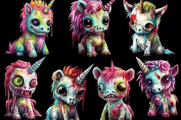 Plush Zombie Unicorn PNG Bundle, Funny Horror Clipart