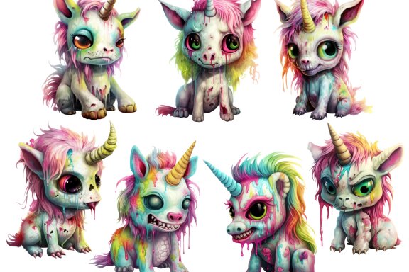 Plush Zombie Unicorn PNG Bundle, Funny Horror Clipart