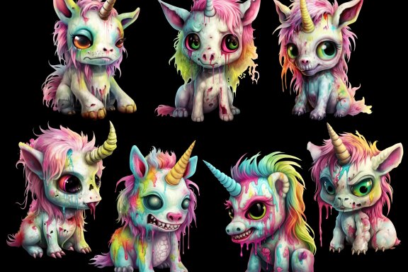 Plush Zombie Unicorn PNG Bundle, Funny Horror Clipart