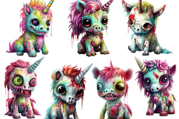 Plush Zombie Unicorn PNG Bundle, Funny Horror Clipart