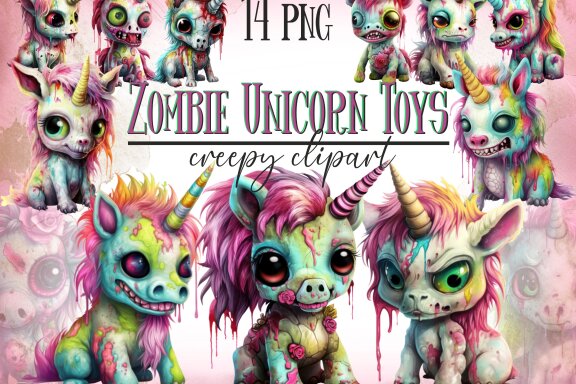 Plush Zombie Unicorn PNG Bundle, Funny Horror Clipart