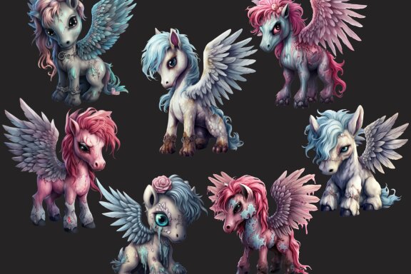 Plush Zombie Pegasus PNG Bundle, Funny Horror Clipart
