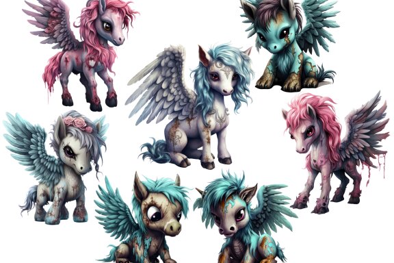 Plush Zombie Pegasus PNG Bundle, Funny Horror Clipart