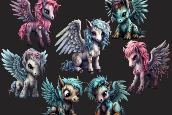 Plush Zombie Pegasus PNG Bundle, Funny Horror Clipart