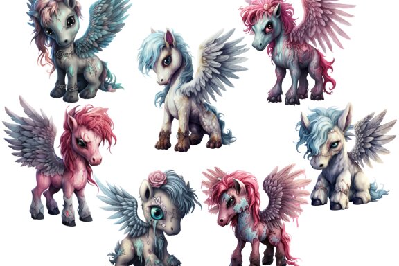 Plush Zombie Pegasus PNG Bundle, Funny Horror Clipart