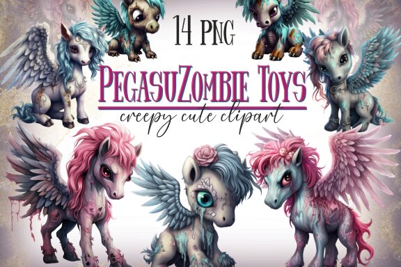 Plush Zombie Pegasus PNG Bundle, Funny Horror Clipart