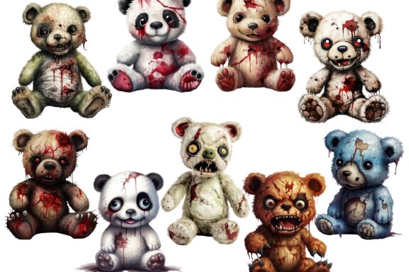 Zombie Teddy Bear PNG Bundle, Funny Horror Clipart