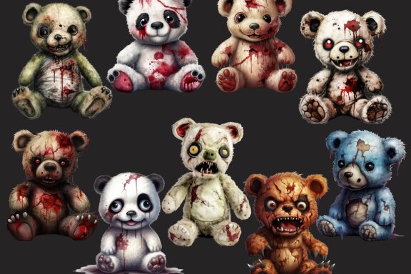 Zombie Teddy Bear PNG Bundle, Funny Horror Clipart