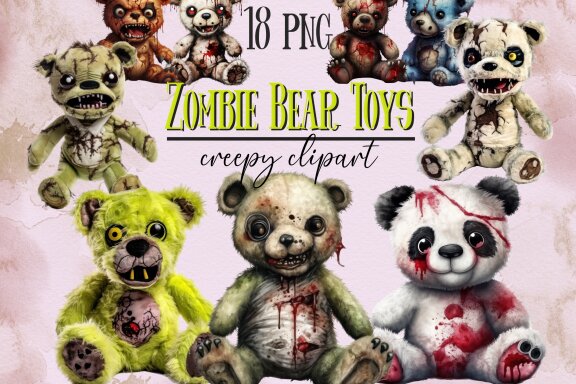 Zombie Teddy Bear PNG Bundle, Funny Horror Clipart