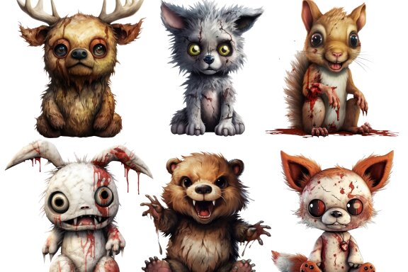 Zombie Woodland Animals PNG Bundle Volume I, Weird Toys Funny Horror Clipart
