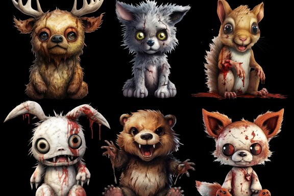 Zombie Woodland Animals PNG Bundle Volume I, Weird Toys Funny Horror Clipart