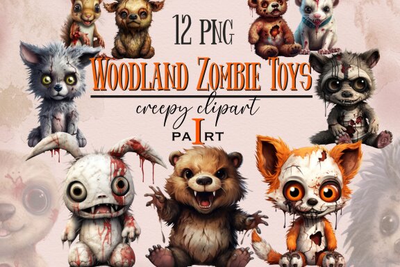 Zombie Woodland Animals PNG Bundle Volume I, Weird Toys Funny Horror Clipart