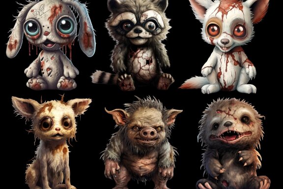 Zombie Woodland Animals PNG Bundle Volume II, Weird Toys Funny Horror Clipart