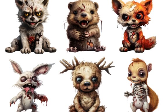 Zombie Woodland Animals PNG Bundle Volume II, Weird Toys Funny Horror Clipart