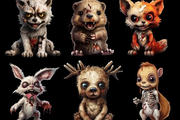 Zombie Woodland Animals PNG Bundle Volume II, Weird Toys Funny Horror Clipart