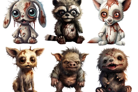 Zombie Woodland Animals PNG Bundle Volume II, Weird Toys Funny Horror Clipart