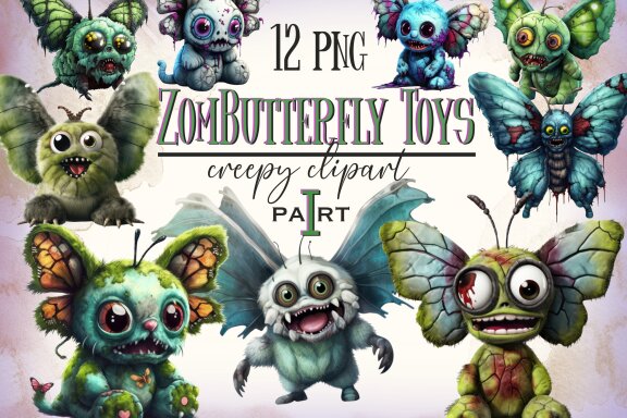 Plush Zombie Butterfly PNG Bundle Volume I, Weird Toys Funny Horror Clipart