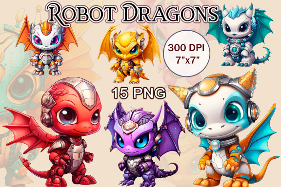 Cute Dragon Robot PNG Bundle, Funny Fantasy Clipart