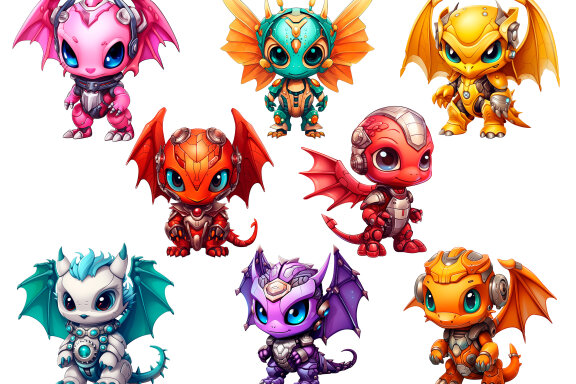 Cute Dragon Robot PNG Bundle, Funny Fantasy Clipart