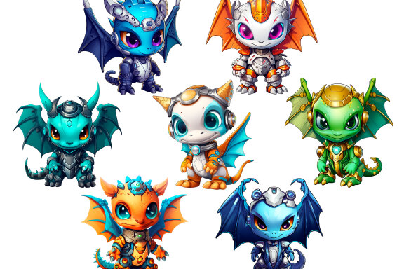 Cute Dragon Robot PNG Bundle, Funny Fantasy Clipart
