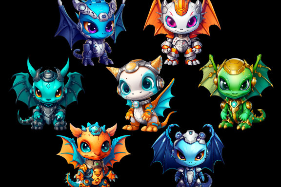 Cute Dragon Robot PNG Bundle, Funny Fantasy Clipart