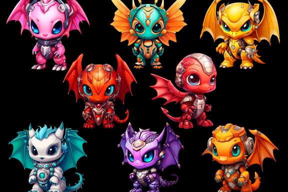 Cute Dragon Robot PNG Bundle, Funny Fantasy Clipart