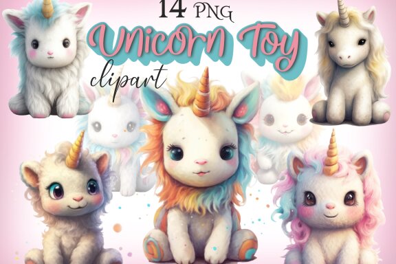 Plush Unicorn PNG Bundle, Cute Fantasy Animal Clipart