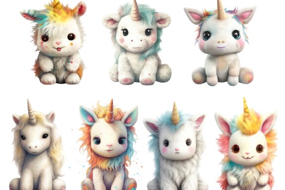 Plush Unicorn PNG Bundle, Cute Fantasy Animal Clipart