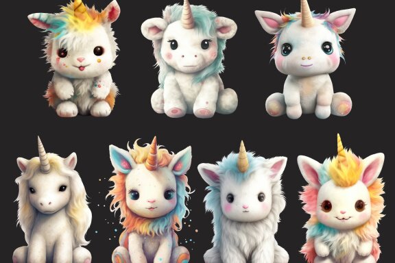 Plush Unicorn PNG Bundle, Cute Fantasy Animal Clipart