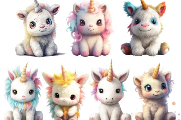 Plush Unicorn PNG Bundle, Cute Fantasy Animal Clipart