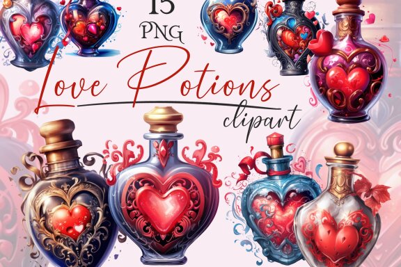 Love Potion PNG Bundle, Romantic Magic Bottles Clipart