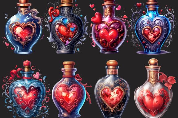 Love Potion PNG Bundle, Romantic Magic Bottles Clipart
