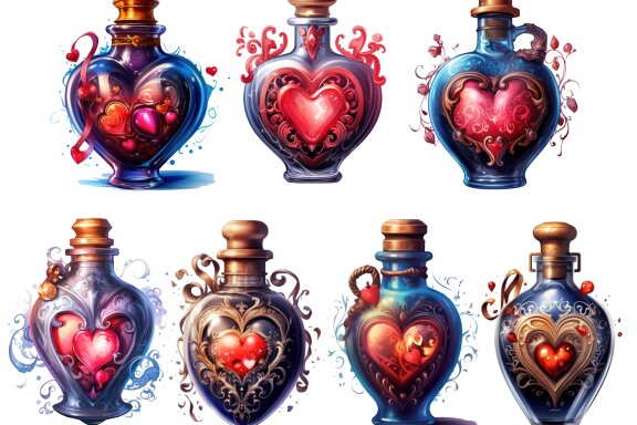 Love Potion PNG Bundle, Romantic Magic Bottles Clipart