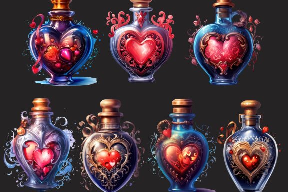 Love Potion PNG Bundle, Romantic Magic Bottles Clipart