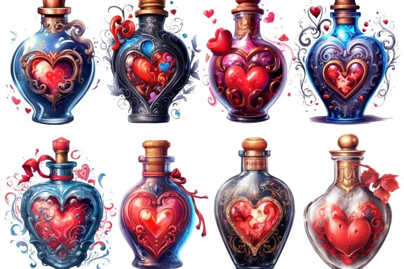 Love Potion PNG Bundle, Romantic Magic Bottles Clipart