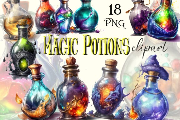 Magic Potions PNG Bundle, Witchcraft Bottles Clipart