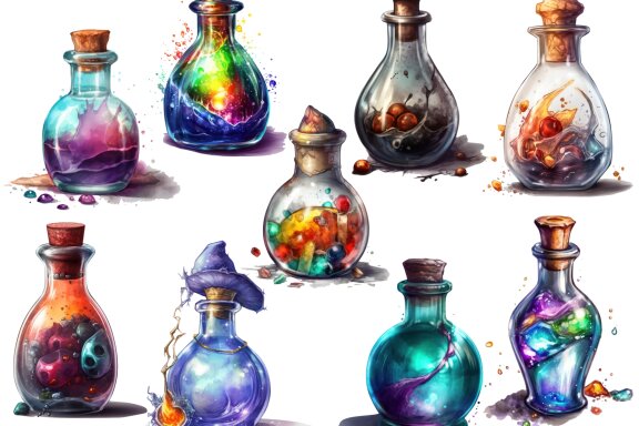 Magic Potions PNG Bundle, Witchcraft Bottles Clipart