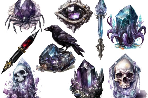Crystal Witch Stuff PNG Bundle, Dark Fantasy Magic Clipart