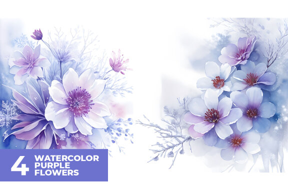 4 Watercolor Purple Flower Stock Images