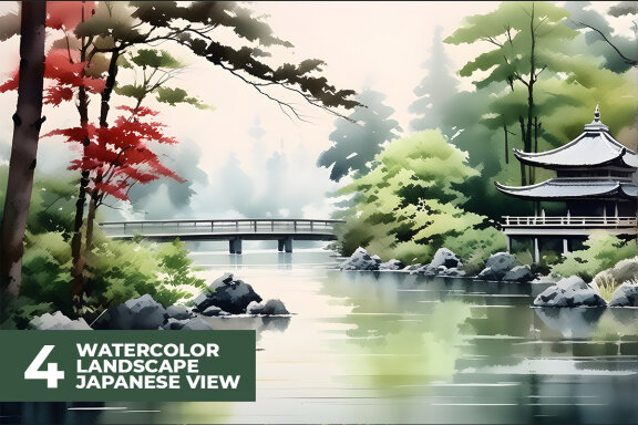 4 Watercolor Landscape Japanese View Stock Images