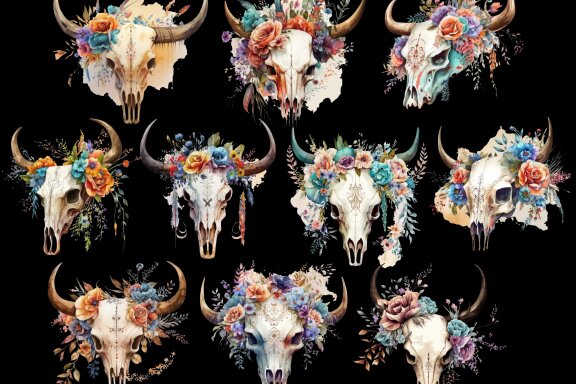 Floral Bull Skull PNG Bundle